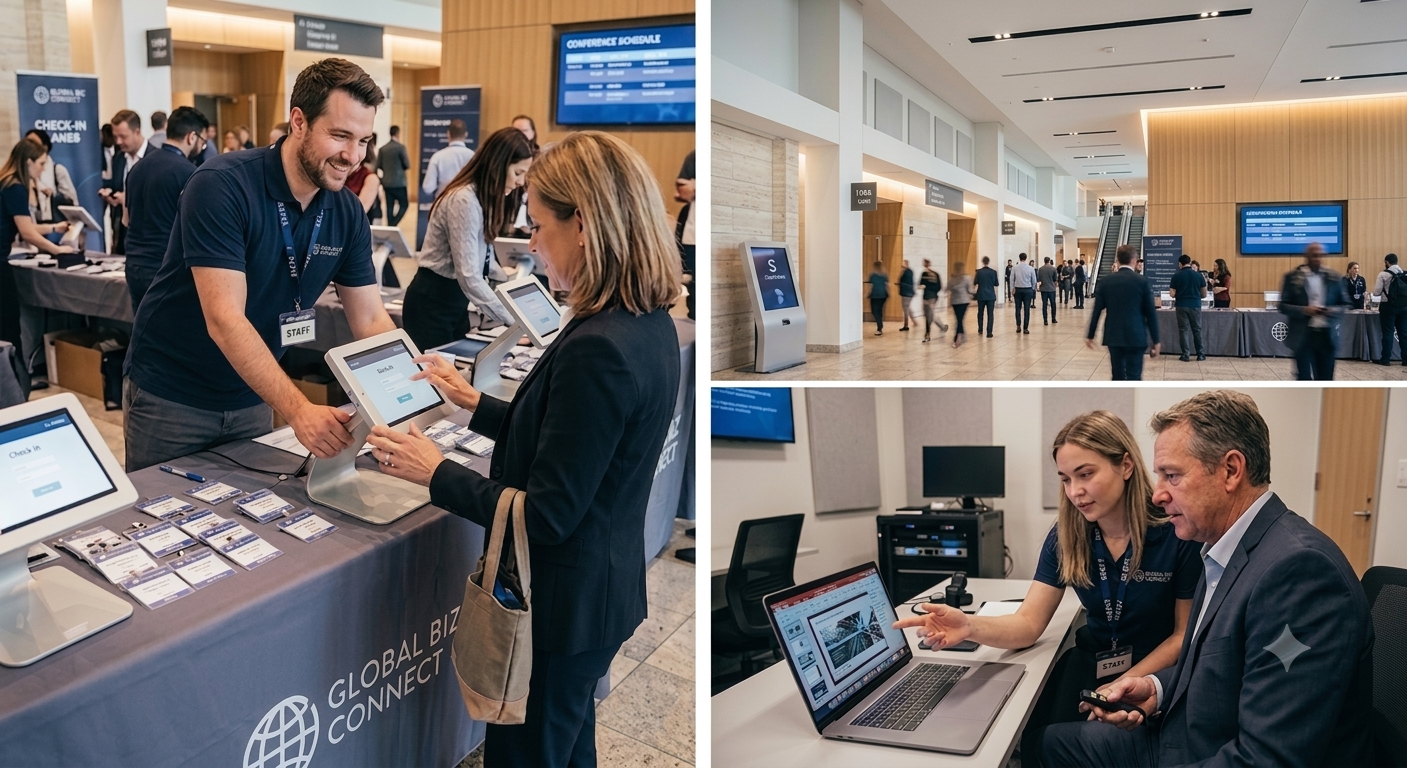 DB Consulting staff running conference check-in, registration desks, and the speaker ready room
